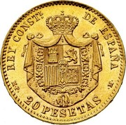 Spain 20 Pesetas Alfonso XIII 1896 (62) PG-V Restrike (restruck by the Spanish Mint from original dies and considered official restrike issues) KM# 709 REY CONSTL DE ESPAÑA S M 20 PESETAS V coin reverse Spain 20 Pesetas Alfonso XIII 1896 (62) PG-V Restrike (restruck by the Spanish Mint from original dies and considered official restrike issues) KM# 709 REY CONSTL DE ESPAÑA S M 20 PESETAS V coin reverse