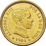 Spain 20 Pesetas Alfonso XIII 1904 (04) SM-V KM# 724 ALFONSO XIII POR LA G DE DIOS 1904 coin obverse Spain 20 Pesetas Alfonso XIII 1904 (04) SM-V KM# 724 ALFONSO XIII POR LA G DE DIOS 1904 coin obverse