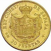 Spain 20 Pesetas Alfonso XIII 1904 (04) SM-V KM# 724 REY CONSTL DE ESPAÑA S M 20 PESETAS V coin reverse Spain 20 Pesetas Alfonso XIII 1904 (04) SM-V KM# 724 REY CONSTL DE ESPAÑA S M 20 PESETAS V coin reverse