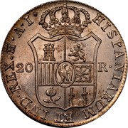 Spain 20 R Joseph Napolean 1810 AI KM# 551.2 HISPANIARUM ET IND REX M A I 20 R coin reverse Spain 20 R Joseph Napolean 1810 AI KM# 551.2 HISPANIARUM ET IND REX M A I 20 R coin reverse