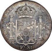 Spain 20 Rs Fernando VII 1821 SR KM# 561 REY DE LAS ESPAÑAS PLUS ULTRA M S R 20 RS coin reverse Spain 20 Rs Fernando VII 1821 SR KM# 561 REY DE LAS ESPAÑAS PLUS ULTRA M S R 20 RS coin reverse