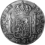 Spain 20 Rs Fernando VII 1823 B SP KM# 563.1 REY DE LAS ESPANAS PLUS ULTRA B SP 20 RS coin reverse Spain 20 Rs Fernando VII 1823 B SP KM# 563.1 REY DE LAS ESPANAS PLUS ULTRA B SP 20 RS coin reverse