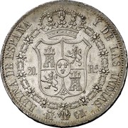 Spain 20 Rs Isabel II 1836 CR KM# 576 REYNA DE ESPAÑA Y DE LAS INDIAS M CR 20 RS coin reverse Spain 20 Rs Isabel II 1836 CR KM# 576 REYNA DE ESPAÑA Y DE LAS INDIAS M CR 20 RS coin reverse