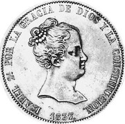 Spain 20 Rs Isabel II 1837 CR KM# 579.1 ISABEL 2ª POR LA GRACIA DE DIOS Y LA CONSTITUCION 1837 coin obverse Spain 20 Rs Isabel II 1837 CR KM# 579.1 ISABEL 2ª POR LA GRACIA DE DIOS Y LA CONSTITUCION 1837 coin obverse