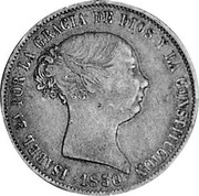 Spain 20 Reales Isabel II 1850 S RD KM# 592.2 ISABEL 2A. POR LA GRACIA DE DIOS Y LA CONSTITUCION 1850 coin obverse Spain 20 Reales Isabel II 1850 S RD KM# 592.2 ISABEL 2A. POR LA GRACIA DE DIOS Y LA CONSTITUCION 1850 coin obverse