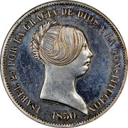 Spain 20 Reales Isabel II 1850 KM# 593.2 ISABEL 2A. POR LA GRACIA DE DIOS Y LA CONSTITUCION 1850 coin obverse Spain 20 Reales Isabel II 1850 KM# 593.2 ISABEL 2A. POR LA GRACIA DE DIOS Y LA CONSTITUCION 1850 coin obverse