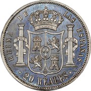 Spain 20 Reales Isabel II 1850 KM# 593.2 REINA DE LAS ESPAÑAS 20 REALES coin reverse Spain 20 Reales Isabel II 1850 KM# 593.2 REINA DE LAS ESPAÑAS 20 REALES coin reverse