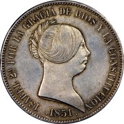 Spain 20 Reales Isabel II 1851 KM# 593.3 ISABEL 2A. POR LA GRACIA DE DIOS Y LA CONSTITUCION 1851 coin obverse Spain 20 Reales Isabel II 1851 KM# 593.3 ISABEL 2A. POR LA GRACIA DE DIOS Y LA CONSTITUCION 1851 coin obverse