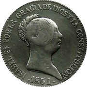 Spain 20 Reales Isabel II 1851 KM# 593.1 ISABEL 2A. POR LA GRACIA DE DIOS Y LA CONSTITUCION 1851 coin obverse Spain 20 Reales Isabel II 1851 KM# 593.1 ISABEL 2A. POR LA GRACIA DE DIOS Y LA CONSTITUCION 1851 coin obverse