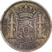 Spain 20 Reales Isabel II 1851 KM# 593.3 REINA DE LAS ESPAÑAS 20 REALES coin reverse Spain 20 Reales Isabel II 1851 KM# 593.3 REINA DE LAS ESPAÑAS 20 REALES coin reverse