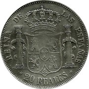 Spain 20 Reales Isabel II 1851 KM# 593.1 REINA DE LAS ESPAÑAS 20 REALES coin reverse Spain 20 Reales Isabel II 1851 KM# 593.1 REINA DE LAS ESPAÑAS 20 REALES coin reverse