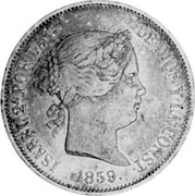 Spain 20 Reales Isabel II 1859 KM# 609.1 ISABEL 2A. POR LA G DE DIOS Y LA CONST 1859 coin obverse Spain 20 Reales Isabel II 1859 KM# 609.1 ISABEL 2A. POR LA G DE DIOS Y LA CONST 1859 coin obverse