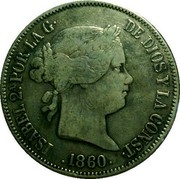 Spain 20 Reales 1860 KM# 609.3 Kingdom Decimal Coinage ISABEL 2A. POR LA G DE DIOS Y LA CONST 1860 coin obverse Spain 20 Reales 1860 KM# 609.3 Kingdom Decimal Coinage ISABEL 2A. POR LA G DE DIOS Y LA CONST 1860 coin obverse