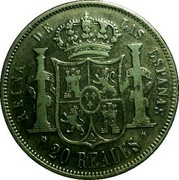 Spain 20 Reales 1860 KM# 609.3 Kingdom Decimal Coinage 20 REALES REINA DE LAS ESPAÑAS coin reverse Spain 20 Reales 1860 KM# 609.3 Kingdom Decimal Coinage 20 REALES REINA DE LAS ESPAÑAS coin reverse