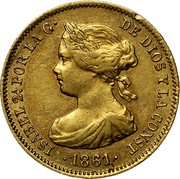 Spain 20 Reales Isabel II 1861 KM# 610 ISABEL 2A. POR LA G DE DIOS Y LA CONST 1861 coin obverse Spain 20 Reales Isabel II 1861 KM# 610 ISABEL 2A. POR LA G DE DIOS Y LA CONST 1861 coin obverse