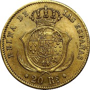 Spain 20 Reales Isabel II 1861 KM# 610 REINA DE LAS ESPAÑAS 20 RS coin reverse Spain 20 Reales Isabel II 1861 KM# 610 REINA DE LAS ESPAÑAS 20 RS coin reverse