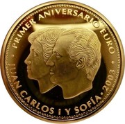 Spain 200 Euro First Anniversary of the Euro 2003 Proof KM# 1075 PRIMER ANIVERSARIO EURO JUAN CARLOS I Y SOFÍA 2003 coin obverse Spain 200 Euro First Anniversary of the Euro 2003 Proof KM# 1075 PRIMER ANIVERSARIO EURO JUAN CARLOS I Y SOFÍA 2003 coin obverse