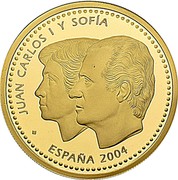 Spain 200 Euro Wedding of Prince Felipe and Letizia 2004 (M) Proof KM# 1098 JUAN CARLOS I Y SOFÍA ESPAÑA 2004 coin obverse Spain 200 Euro Wedding of Prince Felipe and Letizia 2004 (M) Proof KM# 1098 JUAN CARLOS I Y SOFÍA ESPAÑA 2004 coin obverse