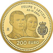 Spain 200 Euro Wedding of Prince Felipe and Letizia 2004 (M) Proof KM# 1098 FELIPE Y LETIZIA 22-V-2004 M 200 EURO coin reverse Spain 200 Euro Wedding of Prince Felipe and Letizia 2004 (M) Proof KM# 1098 FELIPE Y LETIZIA 22-V-2004 M 200 EURO coin reverse