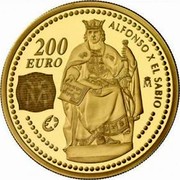 Spain 200 Euro Europa Program - Alphonse X the Wise 2008 Proof KM# 1202 200 EURO ALFONSO X EL SABIO M coin reverse Spain 200 Euro Europa Program - Alphonse X the Wise 2008 Proof KM# 1202 200 EURO ALFONSO X EL SABIO M coin reverse