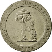 Spain 200 Pesetas The Bear and the Strawberry Tree 1992 KM# 910 MADRID 1992 CAPITAL EUROPEA DE LA CULTURA M 200 PTAS coin reverse Spain 200 Pesetas The Bear and the Strawberry Tree 1992 KM# 910 MADRID 1992 CAPITAL EUROPEA DE LA CULTURA M 200 PTAS coin reverse