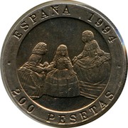 Spain 200 Pesetas Goya and Velazquez 1994 KM# 936 ESPAÑA 1994 200 PESETAS coin obverse Spain 200 Pesetas Goya and Velazquez 1994 KM# 936 ESPAÑA 1994 200 PESETAS coin obverse