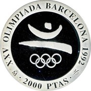 Spain 2000 Pesetas Barcelona'92 logo 1990 Proof. See note below KM#914 KM# 859 XXV OLIMPADA BARCELONA 1992 2000 PTAS coin reverse Spain 2000 Pesetas Barcelona'92 logo 1990 Proof. See note below KM#914 KM# 859 XXV OLIMPADA BARCELONA 1992 2000 PTAS coin reverse