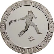 Spain 2000 Pesetas Basque Pelota 1990 Proof. Uncirculated strikes have medallic die alignment and edges with reeded and plain sections; Proof strikes have coin die alignment and reeded edges KM# 867 XXV OLIMPIADA BARCELONA 1992 2000 PTAS coin reverse Spain 2000 Pesetas Basque Pelota 1990 Proof. Uncirculated strikes have medallic die alignment and edges with reeded and plain sections; Proof strikes have coin die alignment and reeded edges KM# 867 XXV OLIMPIADA BARCELONA 1992 2000 PTAS coin reverse