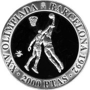 Spain 2000 Pesetas Basketball 1990 Proof. Uncirculated strikes have medallic die alignment and edges with reeded and plain sections; Proof strikes have coin die alignment and reeded edges KM# 866 2000 PTAS XXV OLIMPIADA BARCELONA 1992 coin reverse Spain 2000 Pesetas Basketball 1990 Proof. Uncirculated strikes have medallic die alignment and edges with reeded and plain sections; Proof strikes have coin die alignment and reeded edges KM# 866 2000 PTAS XXV OLIMPIADA BARCELONA 1992 coin reverse