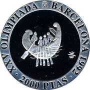 Spain 2000 Pesetas Rowing 1990 Proof. Uncirculated strikes have medallic die alignment and edges with reeded and plain sections; Proof strikes have coin die alignment and reeded edges KM# 865 2000 PTAS M XXV OLIMPIADA BARCELONA 1992 coin reverse Spain 2000 Pesetas Rowing 1990 Proof. Uncirculated strikes have medallic die alignment and edges with reeded and plain sections; Proof strikes have coin die alignment and reeded edges KM# 865 2000 PTAS M XXV OLIMPIADA BARCELONA 1992 coin reverse