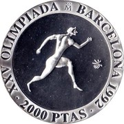 Spain 2000 Pesetas Olympics in Barcelona - Running 1990 Proof. Uncirculated strikes have medallic die alignment and edges with reeded and plain sections; Proof strikes have coin die alignment and reeded edges KM# 864 XXV OLIMPIADA M BARCELONA 1992 2000 PTAS coin reverse Spain 2000 Pesetas Olympics in Barcelona - Running 1990 Proof. Uncirculated strikes have medallic die alignment and edges with reeded and plain sections; Proof strikes have coin die alignment and reeded edges KM# 864 XXV OLIMPIADA M BARCELONA 1992 2000 PTAS coin reverse