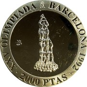 Spain 2000 Pesetas Castell 1990 Proof. Uncirculated strikes have medallic die alignment and edges with reeded and plain sections; Proof strikes have coin die alignment and reeded edges KM# 863 XXV OLIMPIADA BARCELONA 1992 2000 PTAS coin reverse Spain 2000 Pesetas Castell 1990 Proof. Uncirculated strikes have medallic die alignment and edges with reeded and plain sections; Proof strikes have coin die alignment and reeded edges KM# 863 XXV OLIMPIADA BARCELONA 1992 2000 PTAS coin reverse