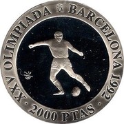 Spain 2000 Pesetas Soccer 1990 Proof. Uncirculated strikes have medallic die alignment and edges with reeded and plain sections; Proof strikes have coin die alignment and reeded edges KM# 862 XXV OLIMPIADA BARCELONA 1992 2000 PTAS coin reverse Spain 2000 Pesetas Soccer 1990 Proof. Uncirculated strikes have medallic die alignment and edges with reeded and plain sections; Proof strikes have coin die alignment and reeded edges KM# 862 XXV OLIMPIADA BARCELONA 1992 2000 PTAS coin reverse