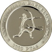Spain 2000 Pesetas Archery 1990 Proof. Uncirculated strikes have medallic die alignment and edges with reeded and plain sections; Proof strikes have coin die alignment and reeded edges KM# 861 XXV OLIMPIADA BARCELONA 1992 2000 PTAS coin reverse Spain 2000 Pesetas Archery 1990 Proof. Uncirculated strikes have medallic die alignment and edges with reeded and plain sections; Proof strikes have coin die alignment and reeded edges KM# 861 XXV OLIMPIADA BARCELONA 1992 2000 PTAS coin reverse