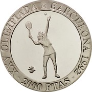 Spain 2000 Pesetas Tennis 1991 Proof. Medal rotation, reeded edge KM# 888 XXV OLIMPIADA M BARCELONA 1992 - 2000 PTAS coin reverse