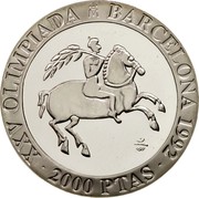Spain 2000 Pesetas Equestrianism 1991 Proof. Medal rotation KM# 889 XXV OLIMPIADA M BARCELONA 1992 2000 PTAS coin reverse