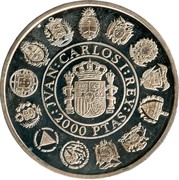Spain 2000 Pesetas Ibero - American Series (19)91 Proof KM# 891 2000 PTAS JUAN CARLOS I REY coin obverse