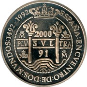 Spain 2000 Pesetas Ibero - American Series (19)91 Proof KM# 891 2000 500 91 ESPAÑA ENCUENTRO DE DOS MUNDOS 1492-1992 M PLV SVL TRA coin reverse