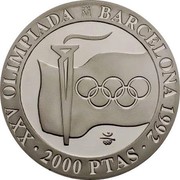 Spain 2000 Pesetas Olympic Symbols 1991 Proof KM# 887 XXV OLIMPIADA BARCELONA 92 2000 PESETAS coin reverse Spain 2000 Pesetas Olympic Symbols 1991 Proof KM# 887 XXV OLIMPIADA BARCELONA 92 2000 PESETAS coin reverse