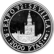 Spain 2000 Pesetas Giralda 1992 Proof KM# 980 2000 PTAS EXPO'92 SEVILLA coin reverse Spain 2000 Pesetas Giralda 1992 Proof KM# 980 2000 PTAS EXPO'92 SEVILLA coin reverse