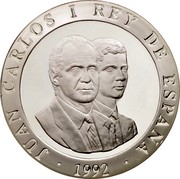 Spain 2000 Pesetas Olympics in Barcelona - Sprinters 1992 Proof. Uncirculated strikes have medallic die alignment and edges with reeded and plain sections; Proof strikes have coin die alignment and reeded edges KM# 913 JUAN CARLOS I REY DE ESPAÑA 1992 coin obverse