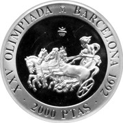 Spain 2000 Pesetas Chariot Racing 1992 Proof. Uncirculated strikes have medallic die alignment and edges with reeded and plain sections; Proof strikes have coin die alignment and reeded edges KM# 914 XXV OLIMPIADA BARCELONA 1992 2000 PTAS coin reverse Spain 2000 Pesetas Chariot Racing 1992 Proof. Uncirculated strikes have medallic die alignment and edges with reeded and plain sections; Proof strikes have coin die alignment and reeded edges KM# 914 XXV OLIMPIADA BARCELONA 1992 2000 PTAS coin reverse