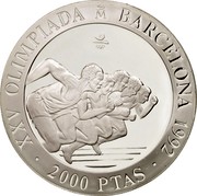 Spain 2000 Pesetas Olympics in Barcelona - Sprinters 1992 Proof. Uncirculated strikes have medallic die alignment and edges with reeded and plain sections; Proof strikes have coin die alignment and reeded edges KM# 913 XXV OLIMPIADA M BARCELONA 1992 2000 PTAS coin reverse
