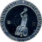 Spain 2000 Pesetas Olympics in Barcelona - Wheelchair basketball 1992 Proof. Uncirculated strikes have medallic die alignment and edges with reeded and plain sections; Proof strikes have coin die alignment and reeded edges KM# 912 XXV OLIMPIADA M BARCELONA 1992 2000 PTAS coin reverse Spain 2000 Pesetas Olympics in Barcelona - Wheelchair basketball 1992 Proof. Uncirculated strikes have medallic die alignment and edges with reeded and plain sections; Proof strikes have coin die alignment and reeded edges KM# 912 XXV OLIMPIADA M BARCELONA 1992 2000 PTAS coin reverse
