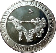 Spain 2000 Pesetas Tug of War 1992 Proof. Uncirculated strikes have medallic die alignment and edges with reeded and plain sections; Proof strikes have coin die alignment and reeded edges KM# 911 2000 PTAS BARCELONA 1992 XXV OLIMPIADA coin reverse Spain 2000 Pesetas Tug of War 1992 Proof. Uncirculated strikes have medallic die alignment and edges with reeded and plain sections; Proof strikes have coin die alignment and reeded edges KM# 911 2000 PTAS BARCELONA 1992 XXV OLIMPIADA coin reverse