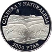 Spain 2000 Pesetas Bulls fighting 1994 Proof KM# 941 CULTURA Y NATURALEZA M 2000 PTAS coin reverse Spain 2000 Pesetas Bulls fighting 1994 Proof KM# 941 CULTURA Y NATURALEZA M 2000 PTAS coin reverse