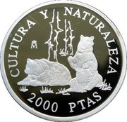 Spain 2000 Pesetas Brown Bears 1996 Proof KM# 967 CULTURA Y NATURALEZA 2000 PTAS coin reverse