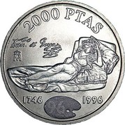 Spain 2000 Pesetas 250th Anniversary of the Birth of Francisco de Goy 1996 KM# 968 2000 PTAS FRAN & GOYA 1746 1996 coin reverse