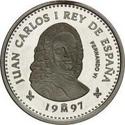 Spain 2000 Pesetas Fernando VI 1997 Proof KM# 1026 JUAN CARLOS I REY DE ESPAÑA FERNANDO VI 19M97 coin obverse Spain 2000 Pesetas Fernando VI 1997 Proof KM# 1026 JUAN CARLOS I REY DE ESPAÑA FERNANDO VI 19M97 coin obverse