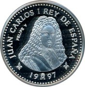 Spain 2000 Pesetas Felipe V 1997 Proof KM# 1024 JUAN CARLOS I REY DE ESPAÑA FELIPE V 19M97 coin obverse Spain 2000 Pesetas Felipe V 1997 Proof KM# 1024 JUAN CARLOS I REY DE ESPAÑA FELIPE V 19M97 coin obverse